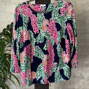 CROWN & IVY Pink Green Cheetah Palm Leaf Print Top Size M